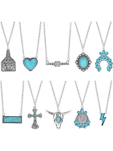 10Pcs Western Necklaces for Women Turquoise Necklace Cow Tag Lightning Bolt Horseshoe Bar Turquoise Pendant Necklace Cowgirl Boho Western Jewelry Set Pendant Design