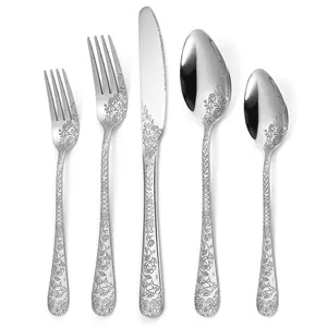 Stainless Steel Cutlery Set, 20 Piece Patterned Knife Fork Spoon Flatware Set, Suitable for Family Gatherings, Kitchen Supplies