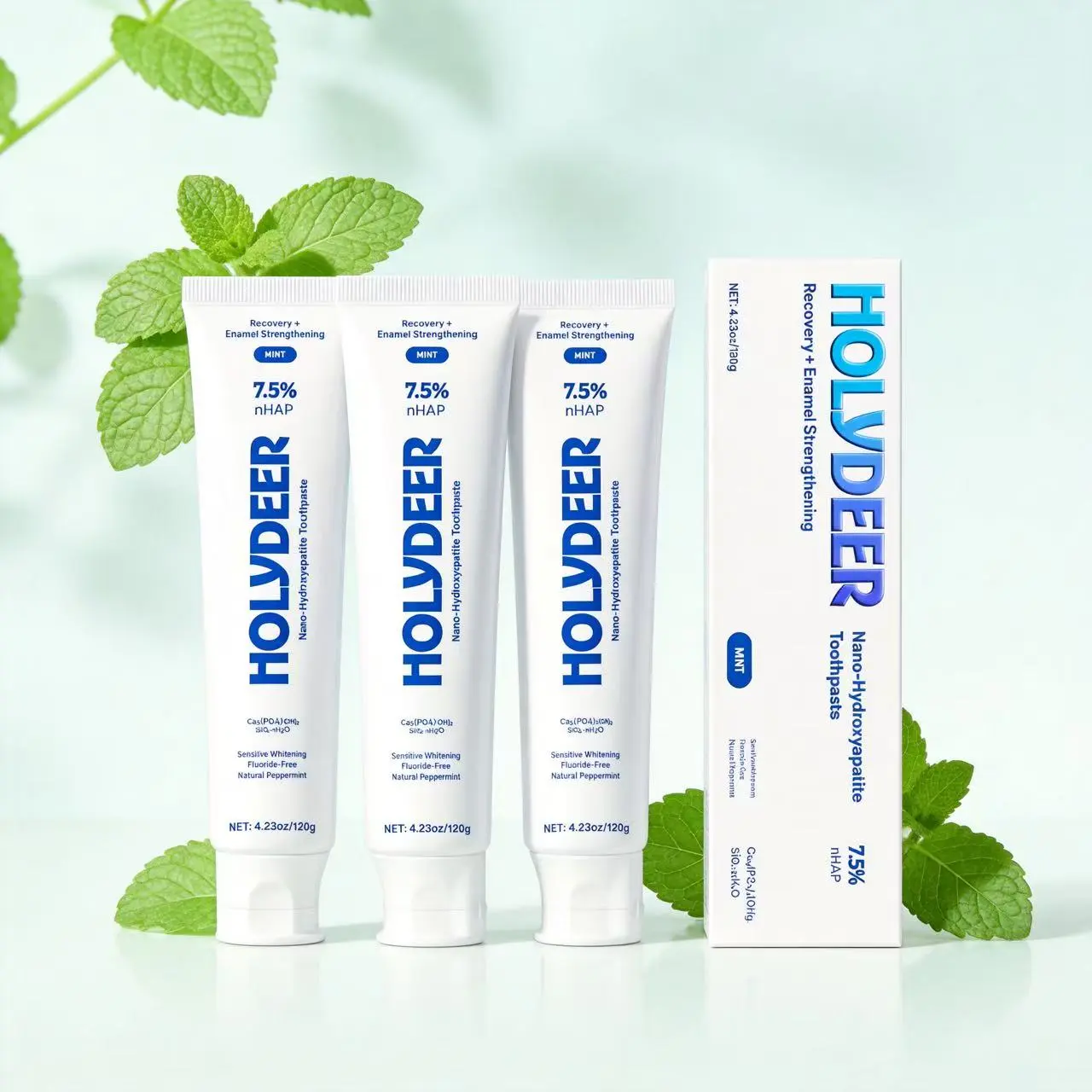 Holydeer Nano Hydroxyapatite Toothpaste 3 Pack - Fluoride-Free Enamel Repair, Sensitivity Relief & Gentle Whitening with Peppermint Freshness