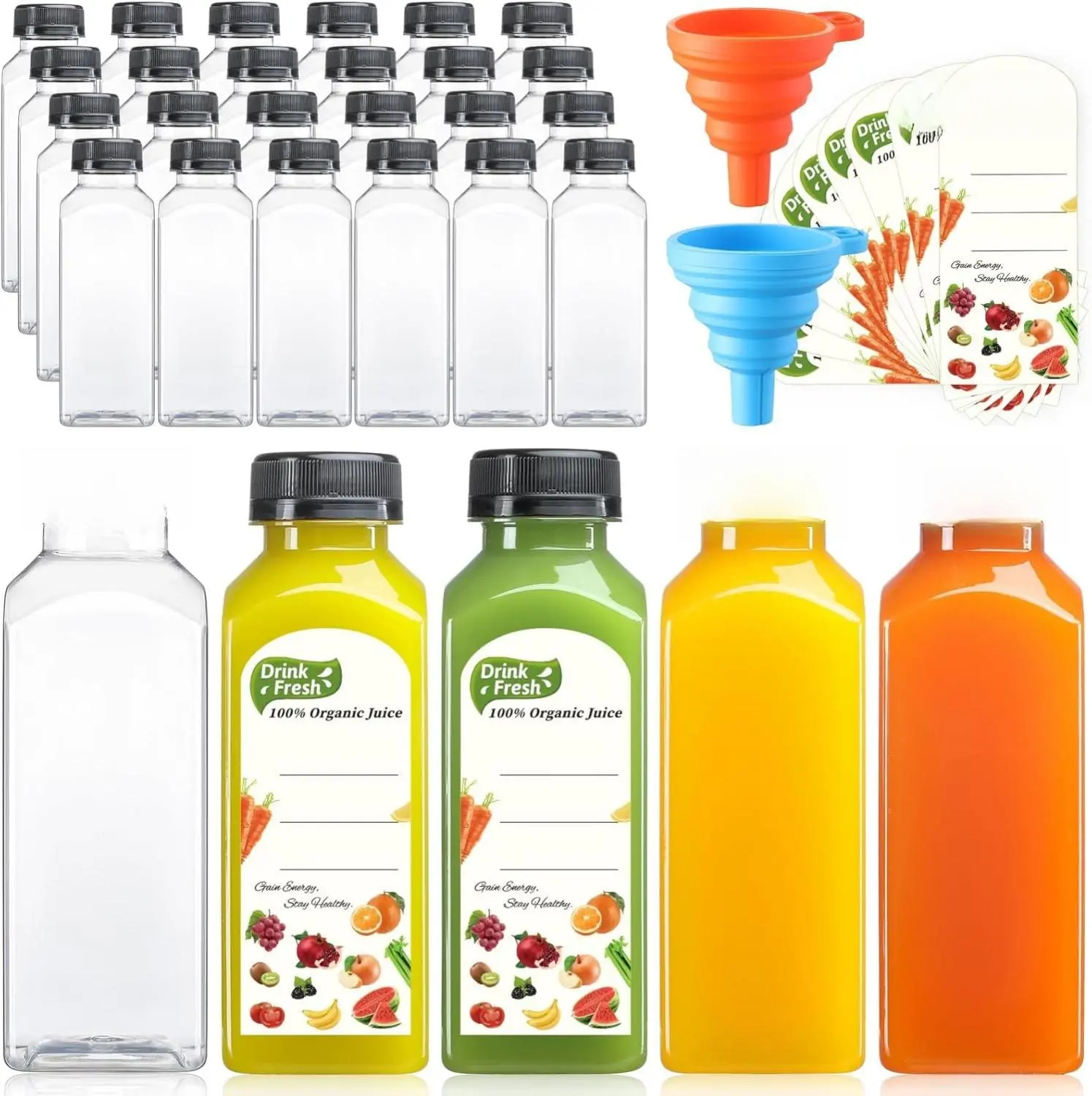 24 PACK, 12 OZ Reusable Plastic Juice Bottles with Caps, Plus 24 Labels & 2 Silicone Funnels - Clear Juicing Bottles for Juice Transparent Tin