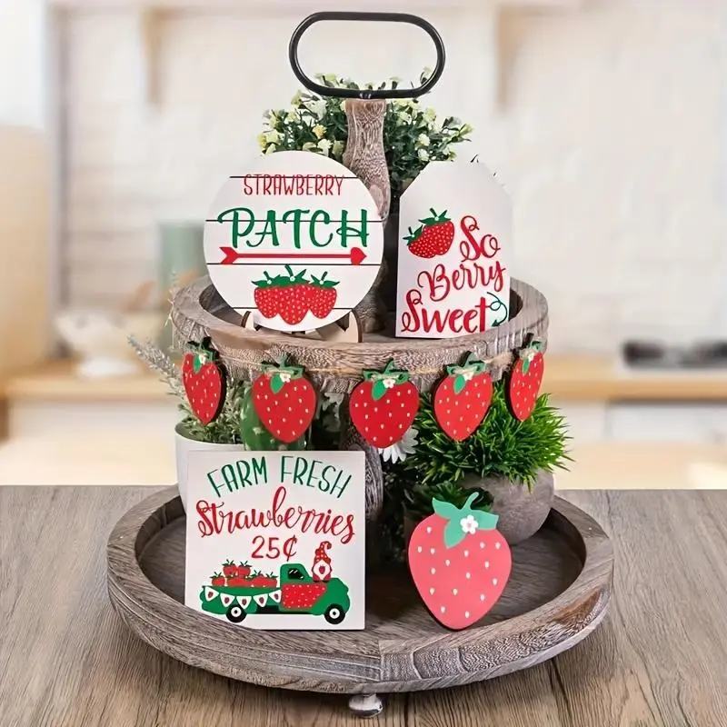 Strawberry Farm Series Wooden Ornament, 11pcs/set Strawberry Pattern Decorative Plaque, Rustic Design Desktop Decoration for Home Kitchen Farmhouse, Strawberry Patch, Indoor Home Decoration, Farmhouse Ornaments