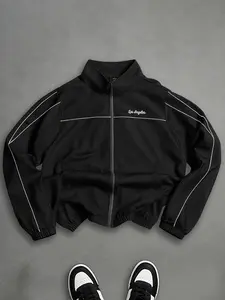 Men's American Street-Style Stand-Collar Sports Jacket - Single Piece, Versatile, Slimming, Loose Drop-Shoulder Silhouette, Color-Matched Elastic Ribbed Cuffs to Prevent Wind Blow-Up, Jackets