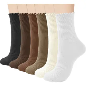 ‌Women's 6-Pair Cotton Crew Socks with Ruffle Trim - Stretchy & Comfy for Everyday Wear