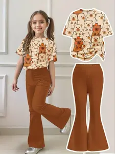 Girls' Capybara Cartoon Animal Print Two-Piece Set, Casual Short Sleeve Top & Bell Pants, Spring Summer Fall Daily Wear