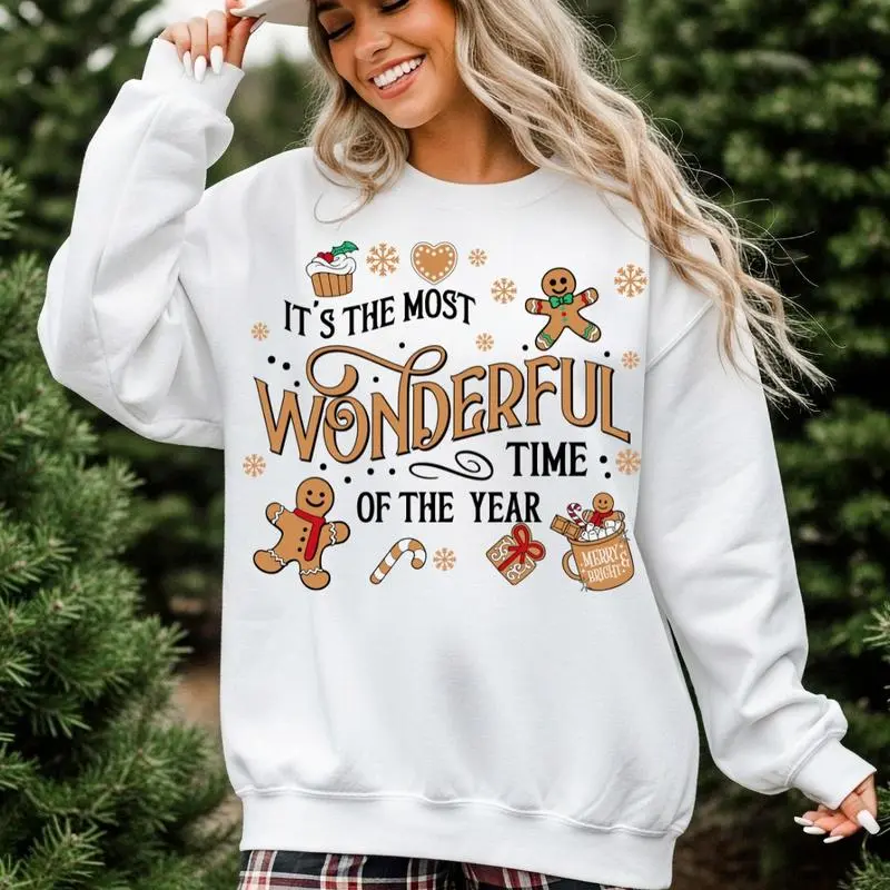 Women's 100% Cotton Gingerbread Art Christmas Sweatshirt - Relaxed Fit Crew Neck Style, Comfortable Casual Clothes with Classic Sleeves for Everyday Wear
