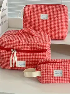Set of Three Large Capacity Portable Makeup Bags, Women/girls Skincare Washroom Storage Bag, Multifunctional Cute Wallet Style Plaid Bag, Makeup Container Set