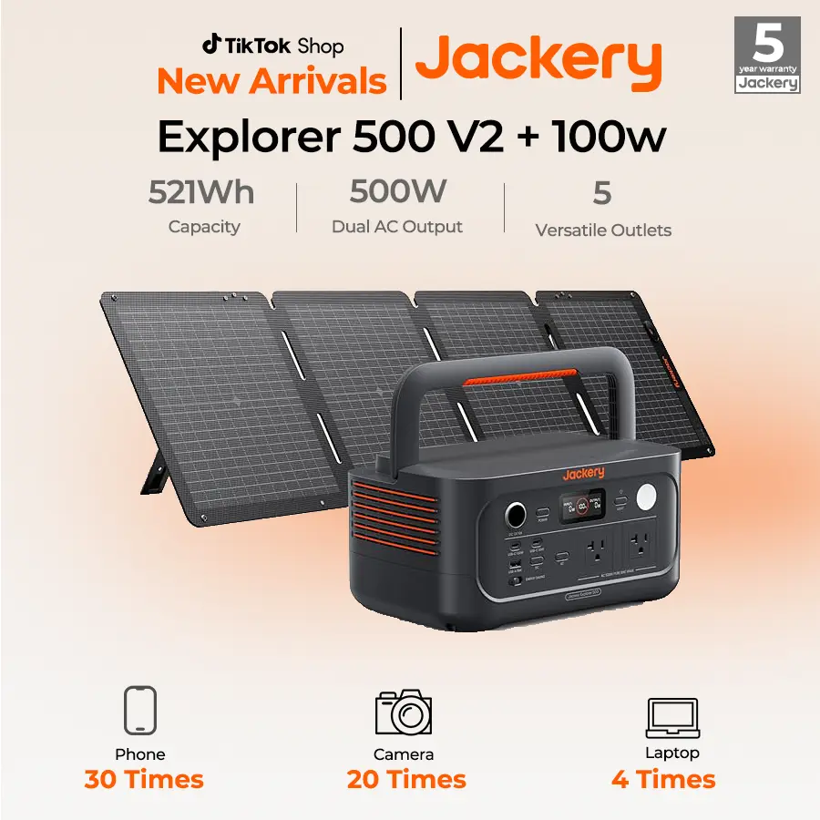 [Opening Ceremony]  Jackery Explorer 500 v2 Portable Power Station and 102W Fast Charger, 512Wh LiFePO4 Battery, 500W AC/1000W Peak, Solar Generator for Camping, Outdoors, and Power Outages