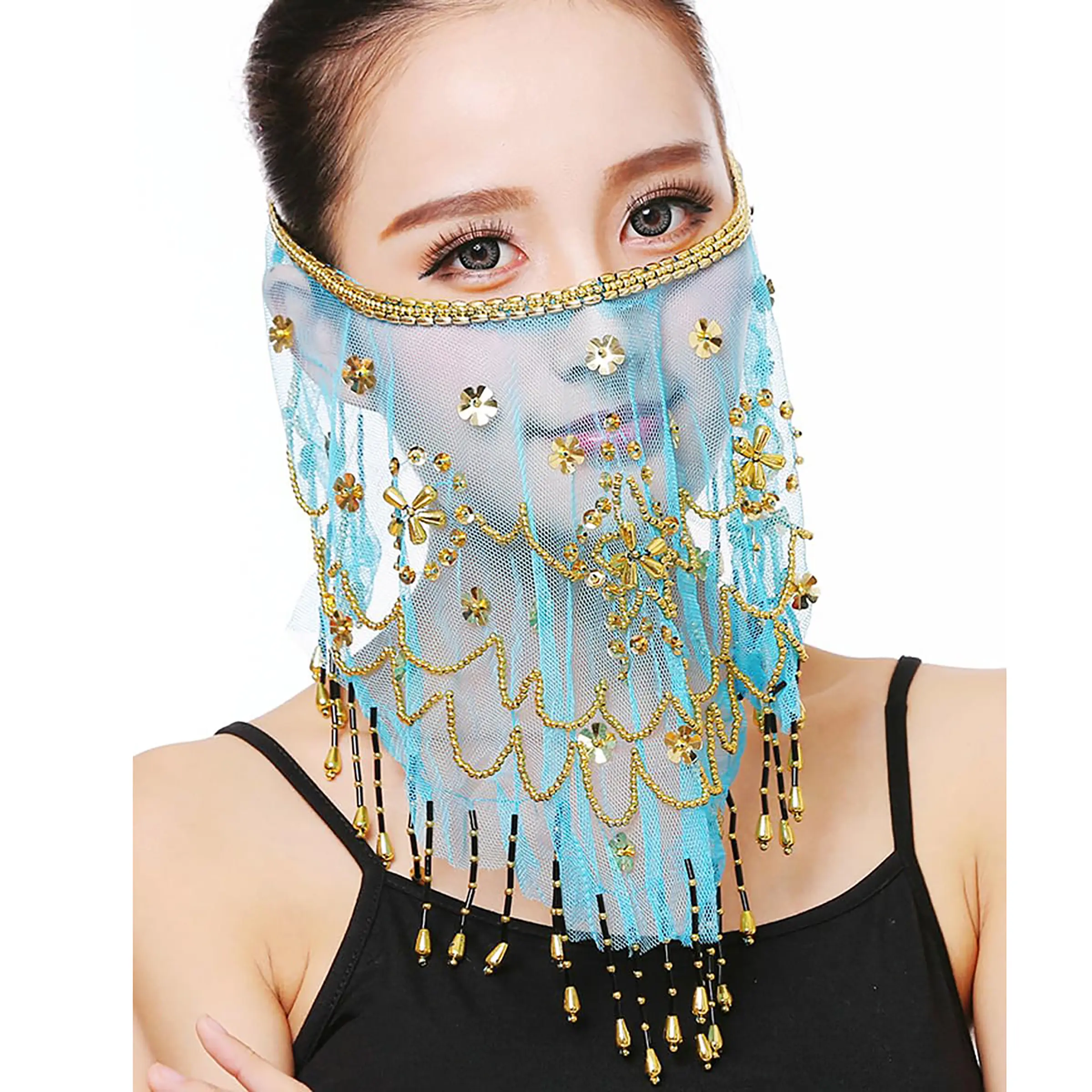 Belly Dance Half Face Veil Costume with Gold Beaded Clover for Womens Girls Arabian Egyptian Dancing Masks Accessory Party Supplies Party Accessories