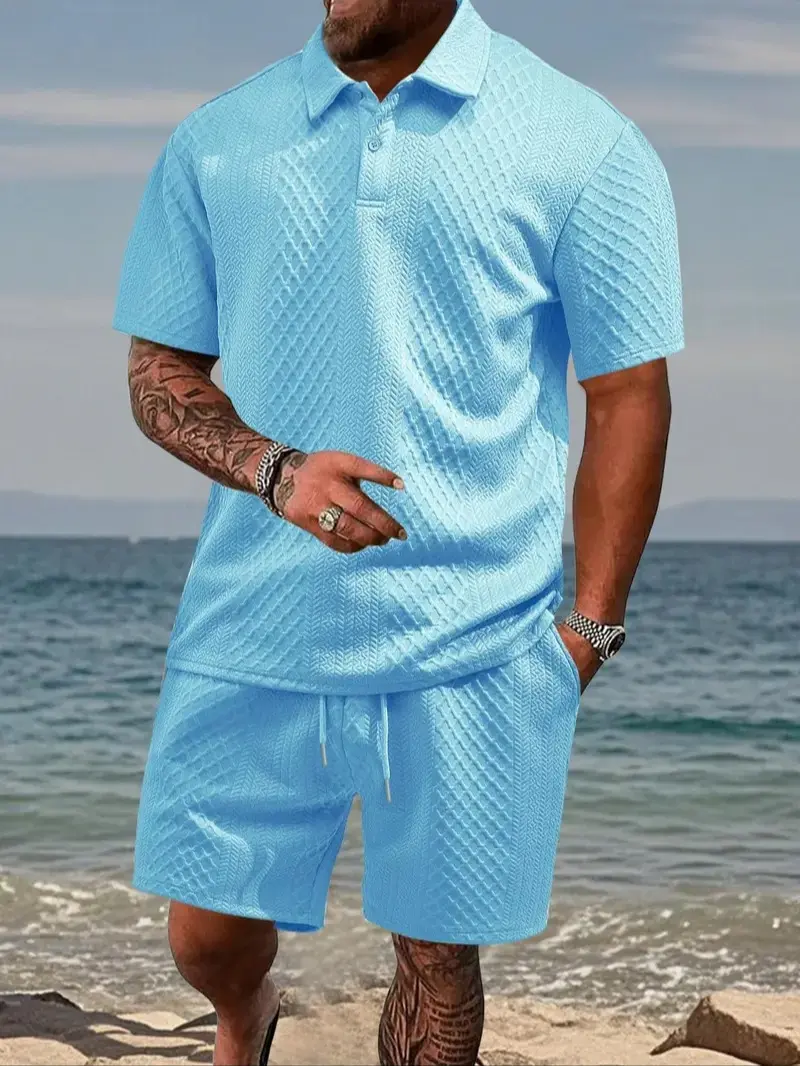 Trending Men’s Polo & Crew Neck Jacquard Shorts Set, Summer Outfit, Lightweight Breathable Sport Streetwear Matching Set (Crew Neck Runs One Size Small)