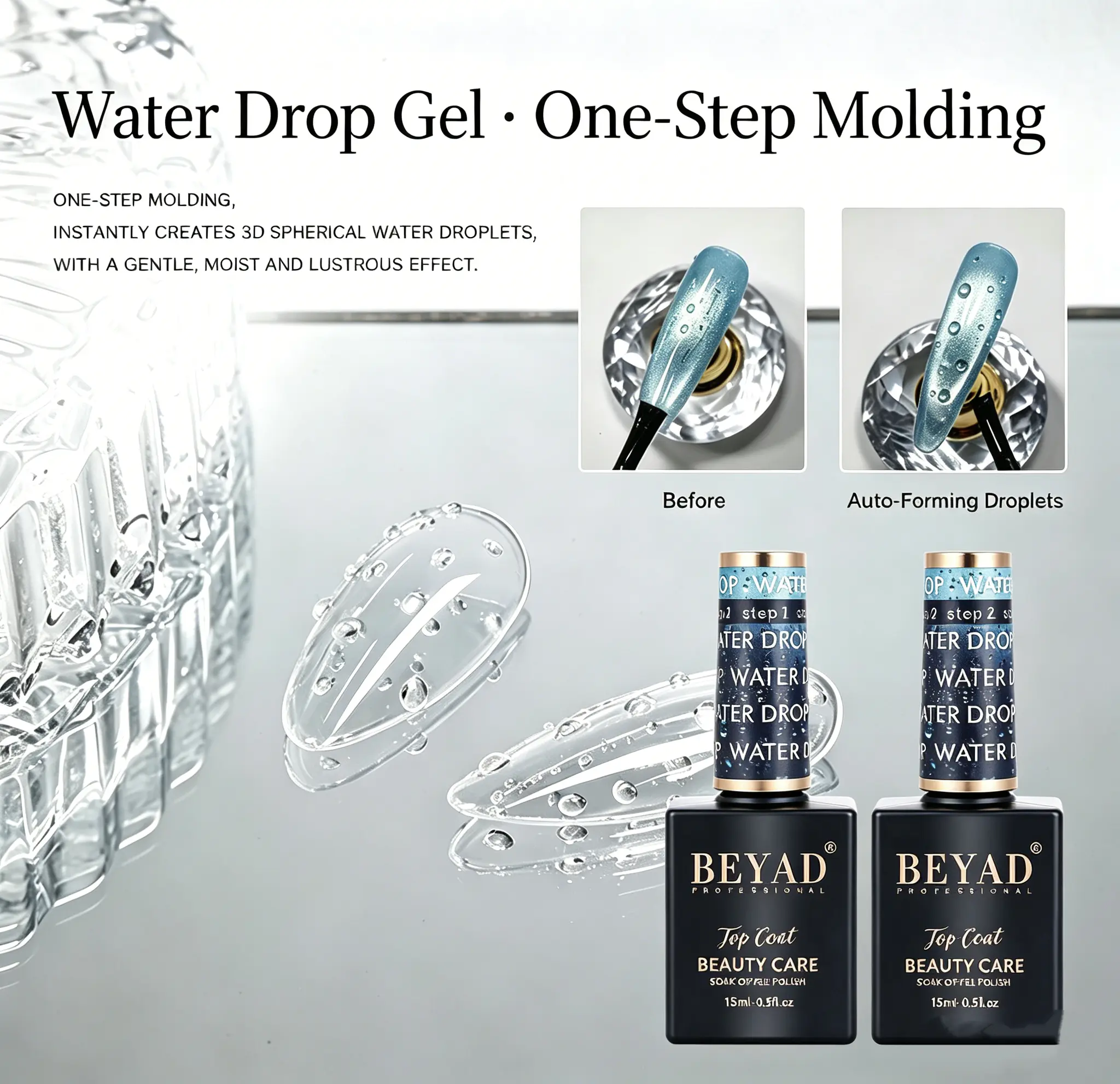 beyad 3D Water Drop Gel Top Coat, Smooth Self-Leveling & Non-Wipe Nail Polish for a Flawless Aura Effect, Soak-Off Cosmetic Gel Manicure, 15ml, Beauty Products, Animals, Nail Care, Cartoon, Gel Nails At Home