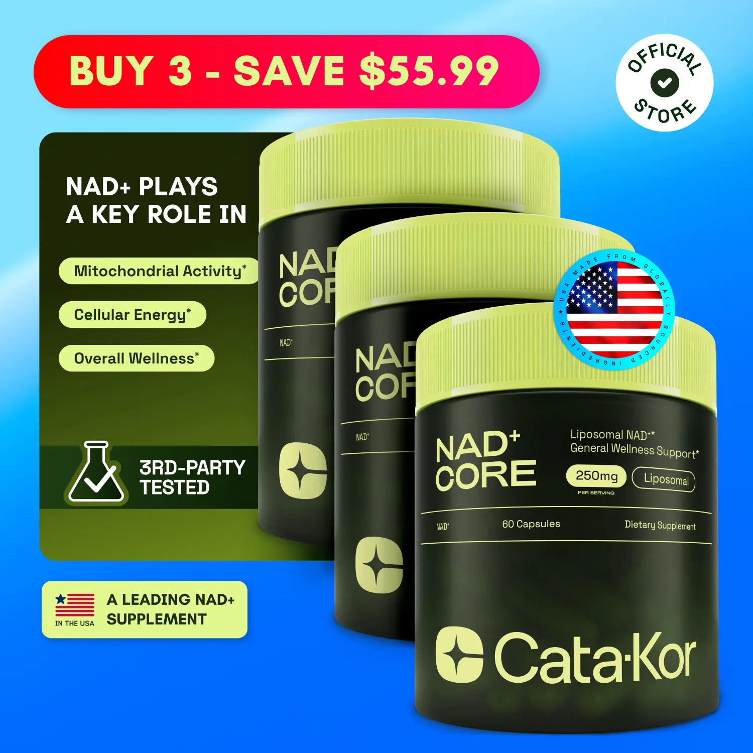 Cata-Kor NAD+ Core - 3x 250mg NAD Supplement - 180 Capsules - Boost Vital NAD+ Levels - Healthcare & Fitness - Official Store