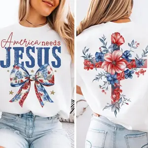 America Needs Jesus Flower 2 Sided Shirt, Christian America Coquette Bow Tee, Usa Flag Flowal Cross ,Christian 4th of July Tee