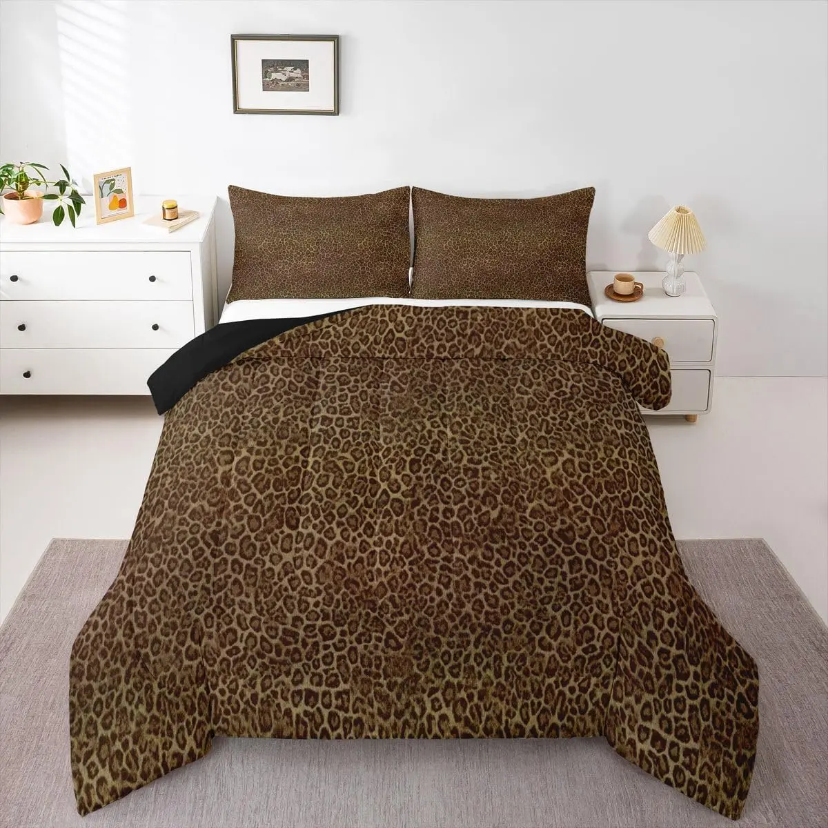 Leopard Print Bedding Set Soft,Cheetah Print Comforter Set Dark Brown Duvet Quilt Microfiber Modern Art Bedroom Decor 1