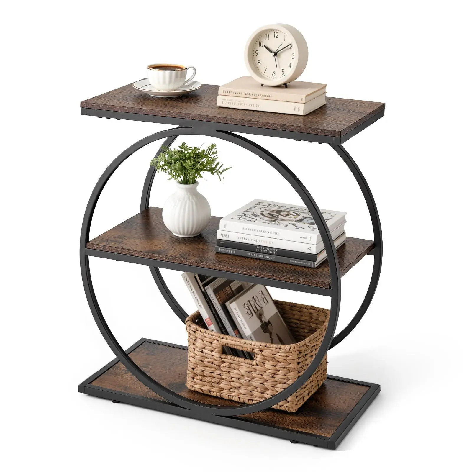 【FathersDayGift】VEVOR End Table, 3-Tier Narrow Side Table with Open Storage Shelves, Modern Nightstand Bedside Desk with Round Metal Frame, Wood Sofa Coffee Desk for Living Room, Bedroom, Office, Rustic Brown
