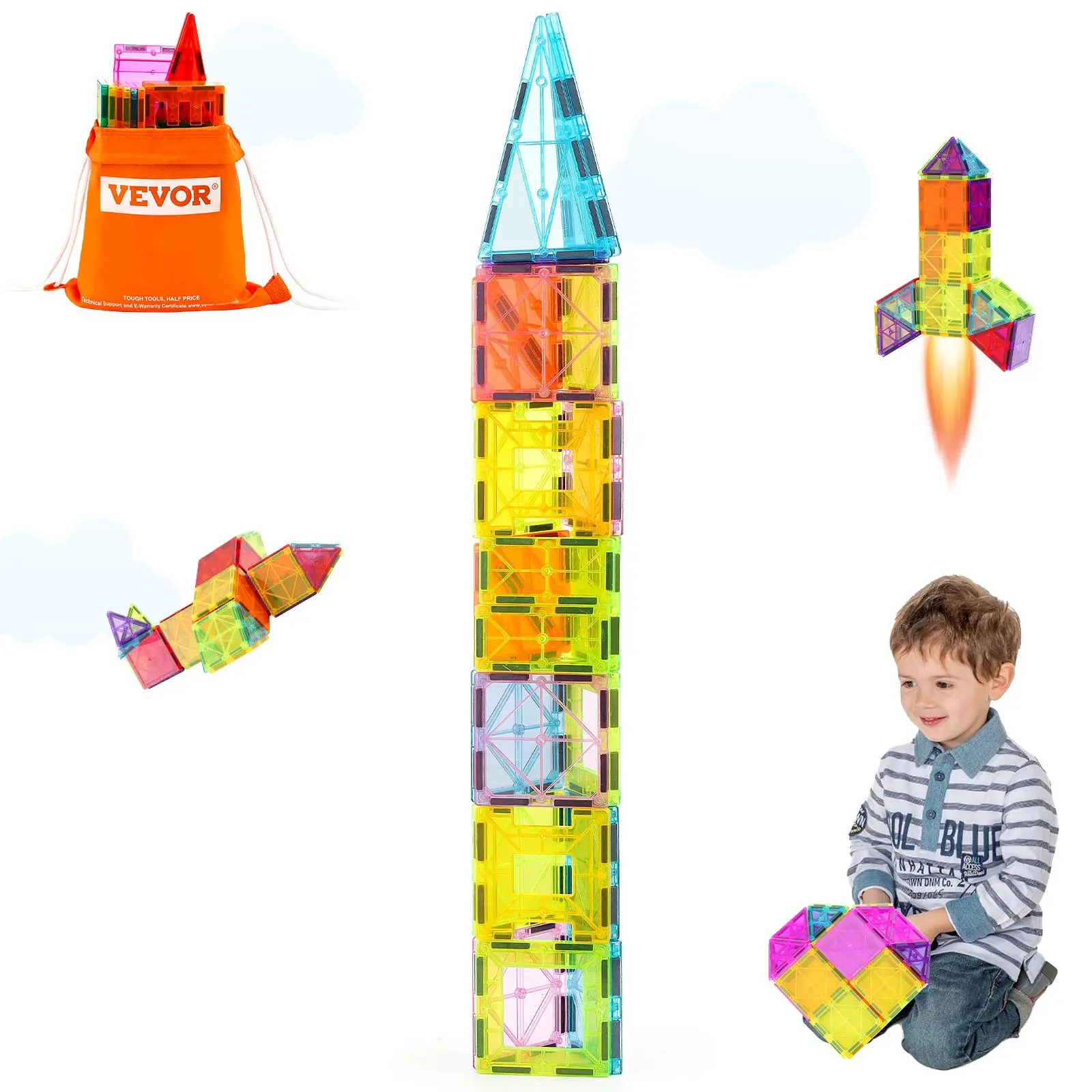 Father's Day Gift VEVOR Magnetic Tiles 32 PCS Building Blocks for Kids with Storage Bag, STEM Sensory Educational Construction Stacking Kids Toys, Toddler Gifts for Boys 3+ Years Old
