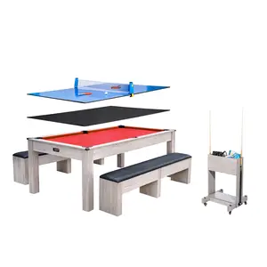 Garvee 7FT 3-in-1 Convertible Pool Table with Dining Top and Table Tennis, Complete Game Room Set Including Cues, Balls, Ping Pong Paddles, Net, and Rolling Storage Caddy in Wood Grain Finish