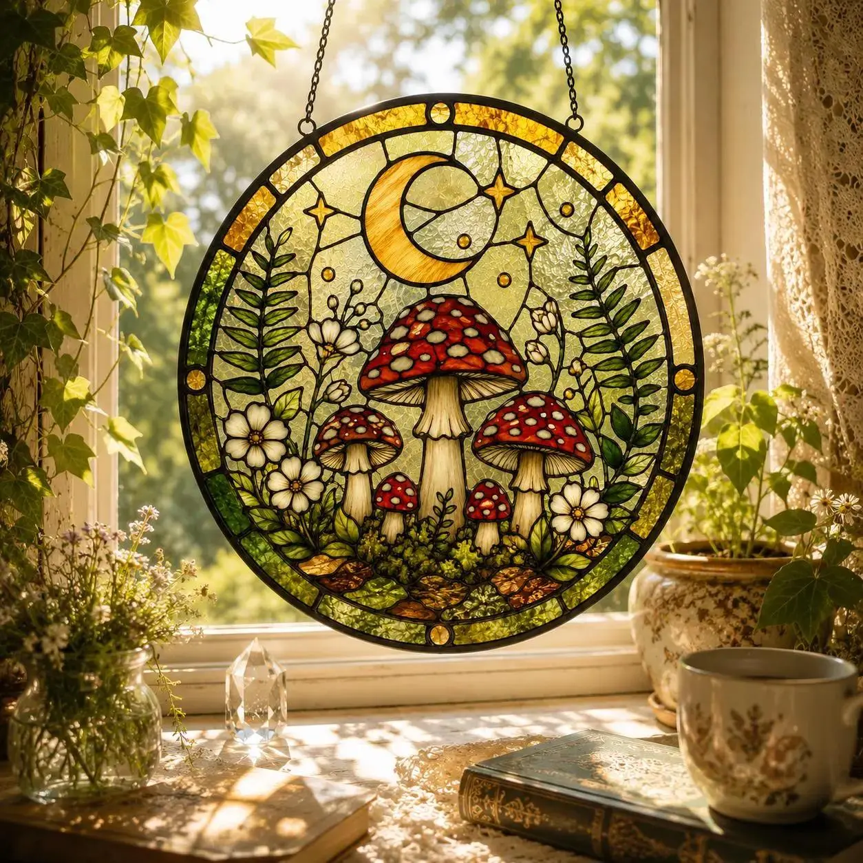 [Made in US] Mushroom Stained Glass Suncatcher, Round Moon Window Hanging, Cottagecore Botanical Wall Decor, Celestial Forest Gift, Witchy Decor