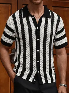 Summer Striped Knit Cardigan, Fitted Cut, Breathable Hollow Polo Neck Sweater, Casual Men's Beachwear, Vacation Travel Top