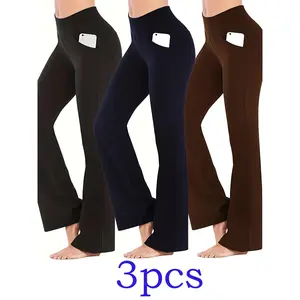 Set of 3 Women'S High-Waisted Yoga Flared Leggings Featuring Pockets - Flexible Elastic Waistband, Exercise Trousers, Quick-Drying, Breathable, Wide-Leg Style with Side Pockets, Solid Hue, Ideal for Running, Gym, And Year-Round Fitness Activities,summervi
