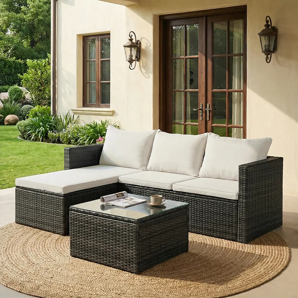 Walsunny 5 Piece Patio Furniture Set Outdoor Sectional Wicker Patio Furniture with Glass Table and Cushions, All-Weather Wicker Rattan, Grey