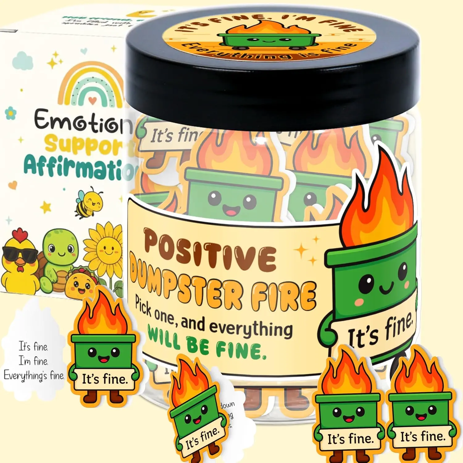 Funny Emotional Support Dumpster Fire Affirmation Jar - Gift-Ready Office Stationery with 60 Humorous Positive Cards, Stress Relief Stocking Stuffer for Women, Self-Care Office Item, Humorous Cards