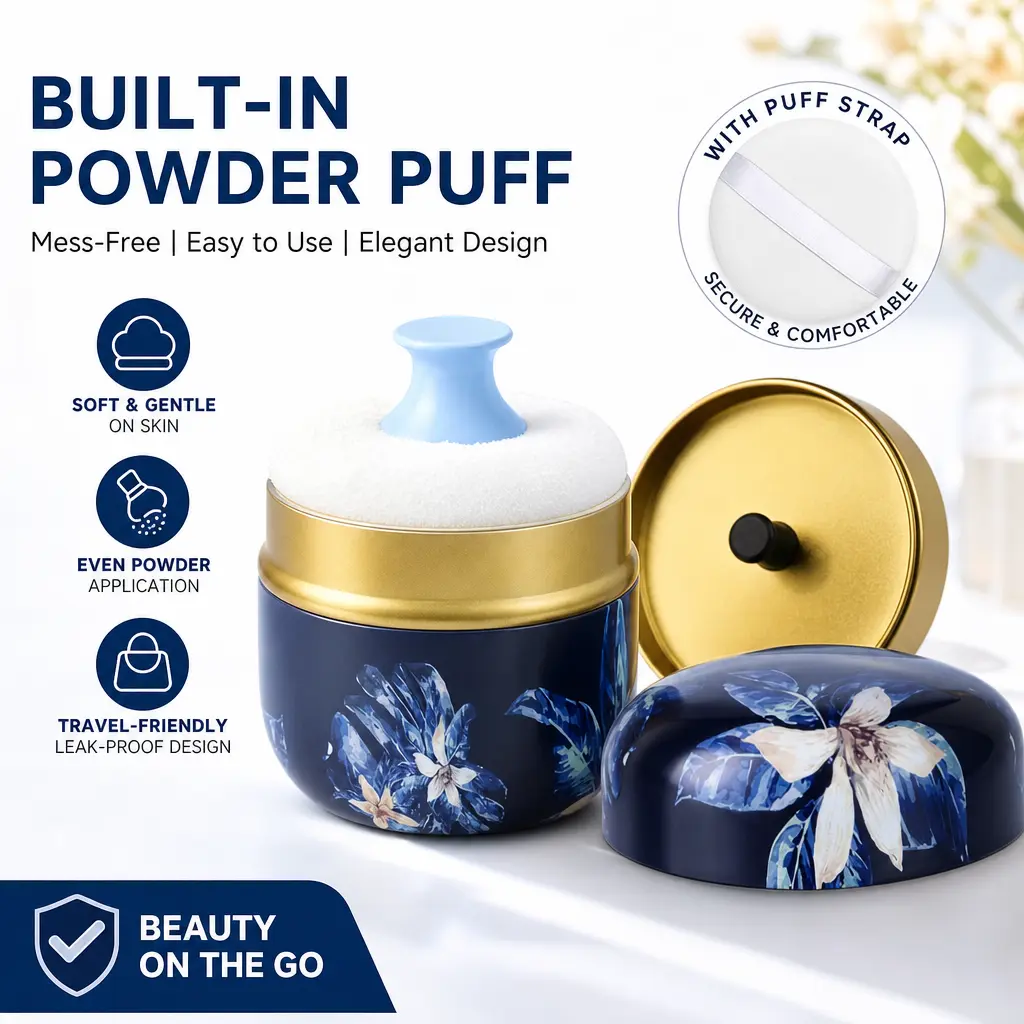 Body Powder Puff & Container Set – 3.15” Portable Empty Powder Case with Lid, for Women Loose Dusting Powder – Travel, Bath, Home Use