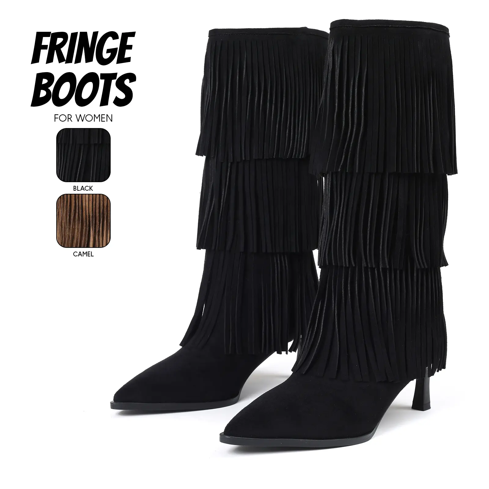 Fringe Boots For Women Western Cowboy Boot Pointed Toe Stiletto Heel Multi Layer Tassel Comfy Easy Pull On Spring Summer Boho Party Concert Retro Classic Country Wedding Daily Night Club Dressy Cowgirl Fashion Suede Boots