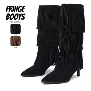 Fringe Boots For Women Western Cowboy Boot Pointed Toe Stiletto Heel Multi Layer Tassel Comfy Easy Pull On Spring Summer Boho Party Concert Retro Classic Country Wedding Daily Night Club Dressy Cowgirl Fashion Suede Boots Deals For You Days