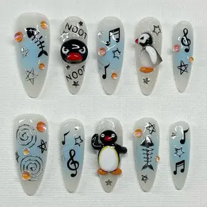 S177 Penguin Melody Press-On Nails, 3D Noot-Noot Characters, Musical Notes & Fishbone Charms, Blue White Winter Theme, Custom Handmade, Solana Nails Town