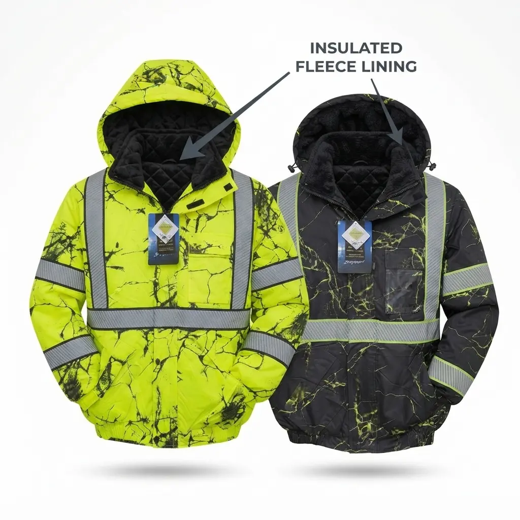 Men's Winter Camo Bomber Jacket - Bomber Shape Adds Streetwear Attitude, Warm Long Sleeves, Collared Neck, Removable Hood, Reflective Tape, Safety Design Outerwear for Work (Lime, Black)
