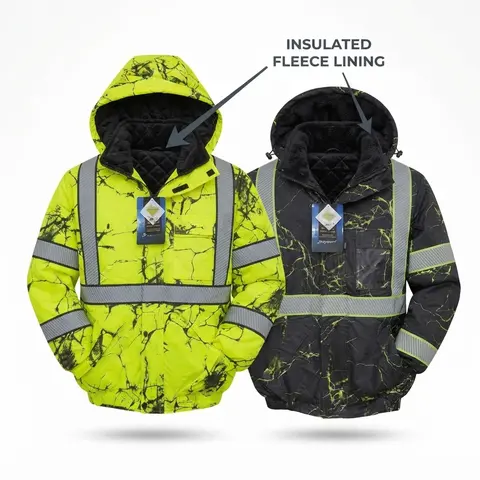 Men's 203S Winter Camo Bomber Jacket - Men's Clothing, Street Style, Warm Long Sleeves, Collared Neck, Removable Hood, Reflective Tape Safety Work Outerwear (Lime, Black)