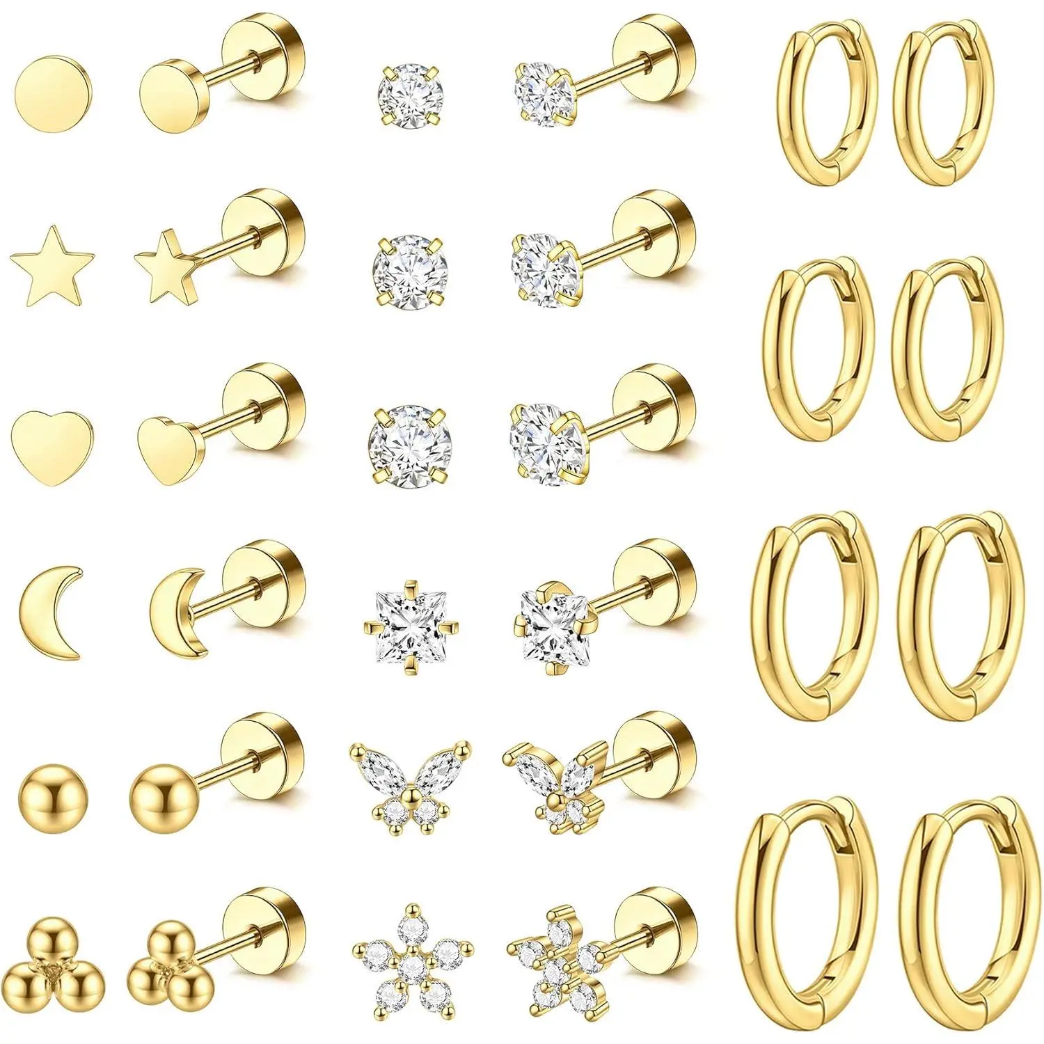 Women's 16 Pairs 20G Hypoallergenic Gold Surgical Steel Jewellery Earrings, Flat Back Hoops, Studs & Charms, Ideal for Multiple Piercings, Cartilage Stacks