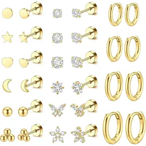 Women's 16 Pairs 20G Hypoallergenic Gold Surgical Steel Jewellery Earrings, Flat Back Hoops, Studs & Charms, Ideal for Multiple Piercings, Cartilage Stacks