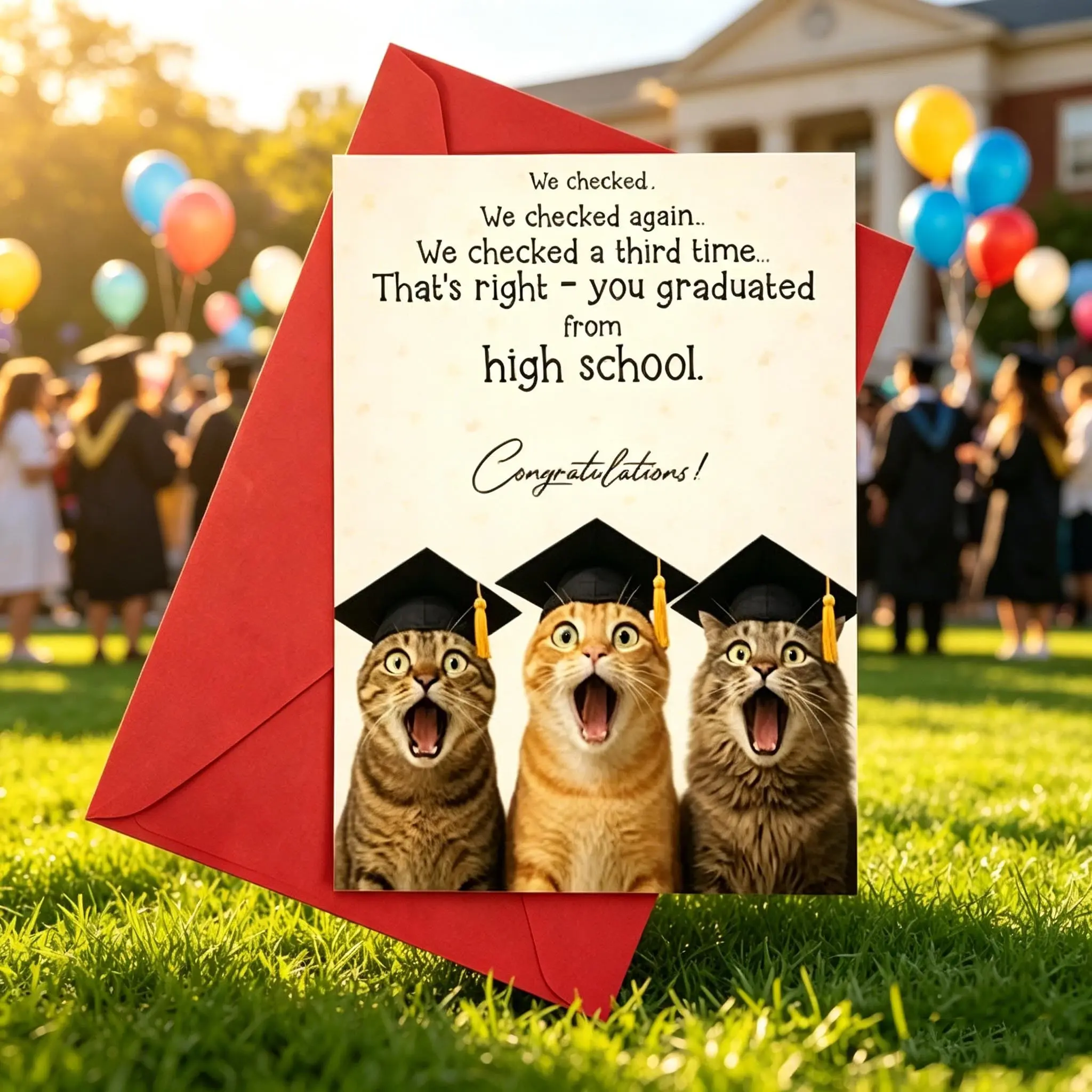 1pc High School Graduation Card – Funny Cat Graduation Gifts, Cute Congrats Gift for Teen Graduate, Son Daughter, Friend, Boys, Girls - Folded Card with Envelope