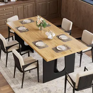 71" Long Dining Table for 6-10 People -  Natural & Black Kitchen Table with Extra Thickened Tabletop & Heavy Duty Base Legs, Modern Rectangular Dinner Table for Kitchen, Conference Room, Home