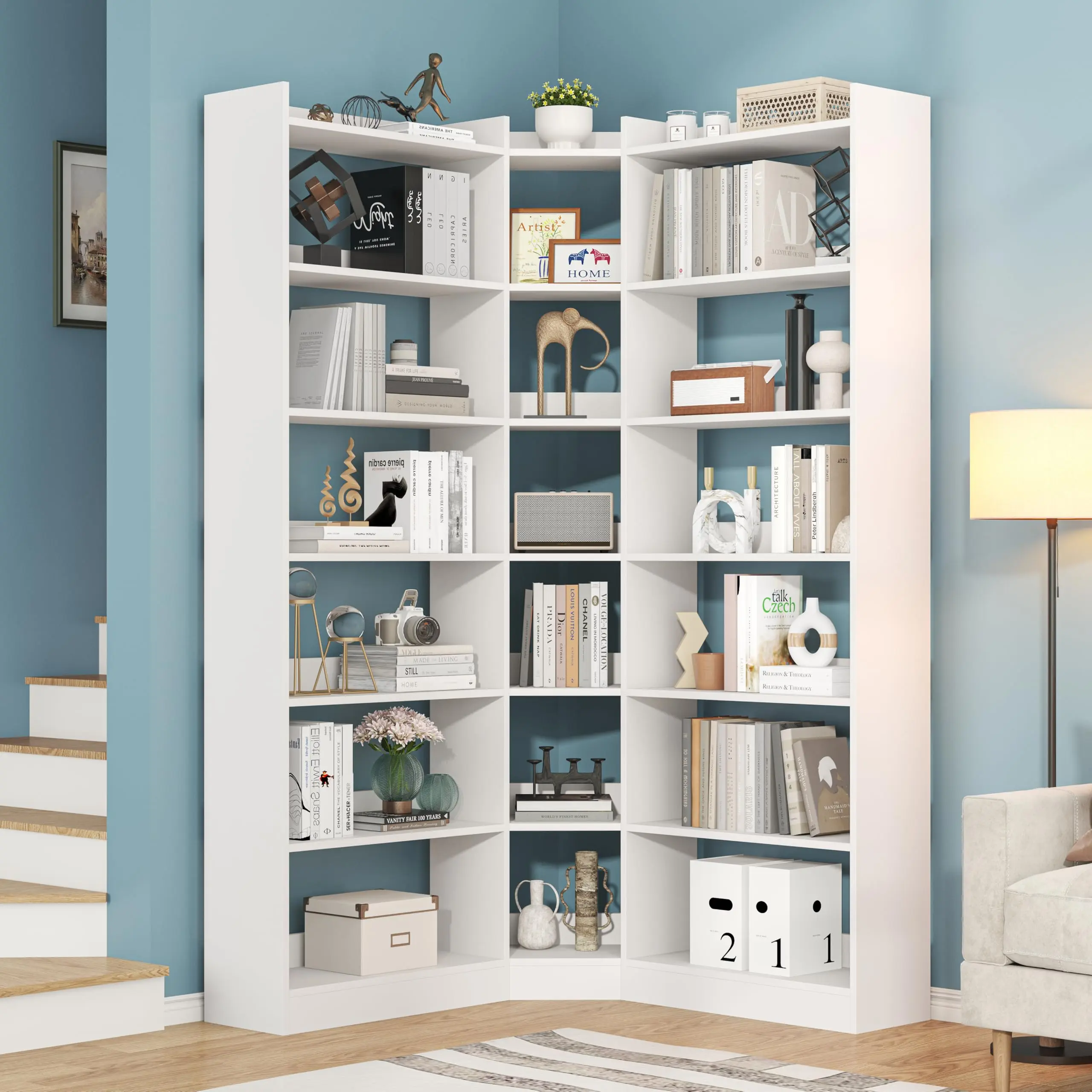 Stable Industrial L-Shaped Corner Shelf - 7-Tier Baffled Shelves, 70+ Inch Tall MDF Board Modern Single Unit, 70.8"H x 9.3"D x 55.59"W Heavy-Duty Etagere (25+ kg) for Bedroom, Home Office Corner Space Maximization, 70 Inches & Above