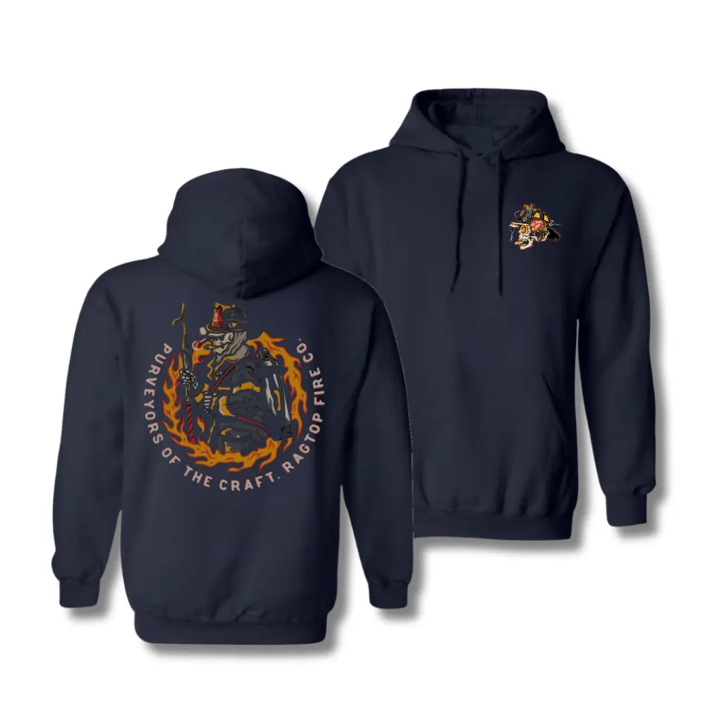 Ragtop Fire Co. Purveyors of the Craft Hoodie, Sweatshirt, Skeleton Firefighter Graphic Pullover, Bold Flame Rescue Design, Soft Cotton Blend Sweatshirt, Gift for Firefighters, First Responders, Dad, Husband
