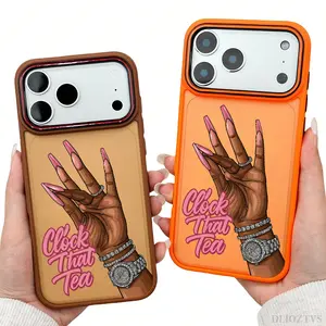 Fashion Hand and Clock That Tea Text Pattern Phone Case for iPhone 17 Pro Max 17Air 16 Plus 16e 15 14 13 12 11 Color Blocking Button and Camera Frame Design Shockproof Skin Feel Shell
