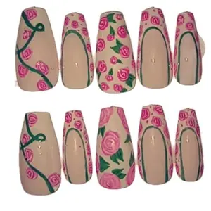 Pink Roses Spring Inspired Press On Nails - with Various Floral Designs and Green Accents