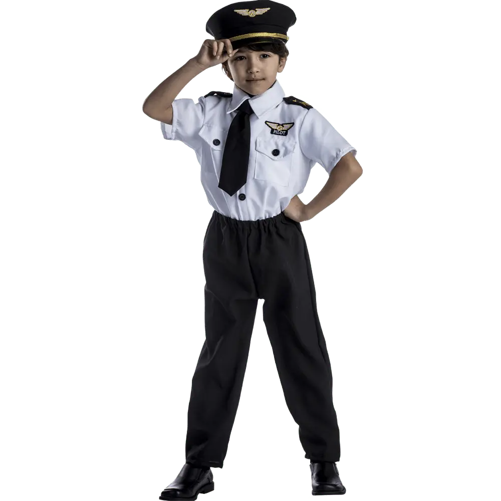 Pilot Costume Dress For Kids  - Includes White Short Sleeve Shirt, Pants, Necktie & Cap Set - Perfect for Halloween, Role Play ,  Pretend Play Fun, Theme Party & Cosplay Costume Party