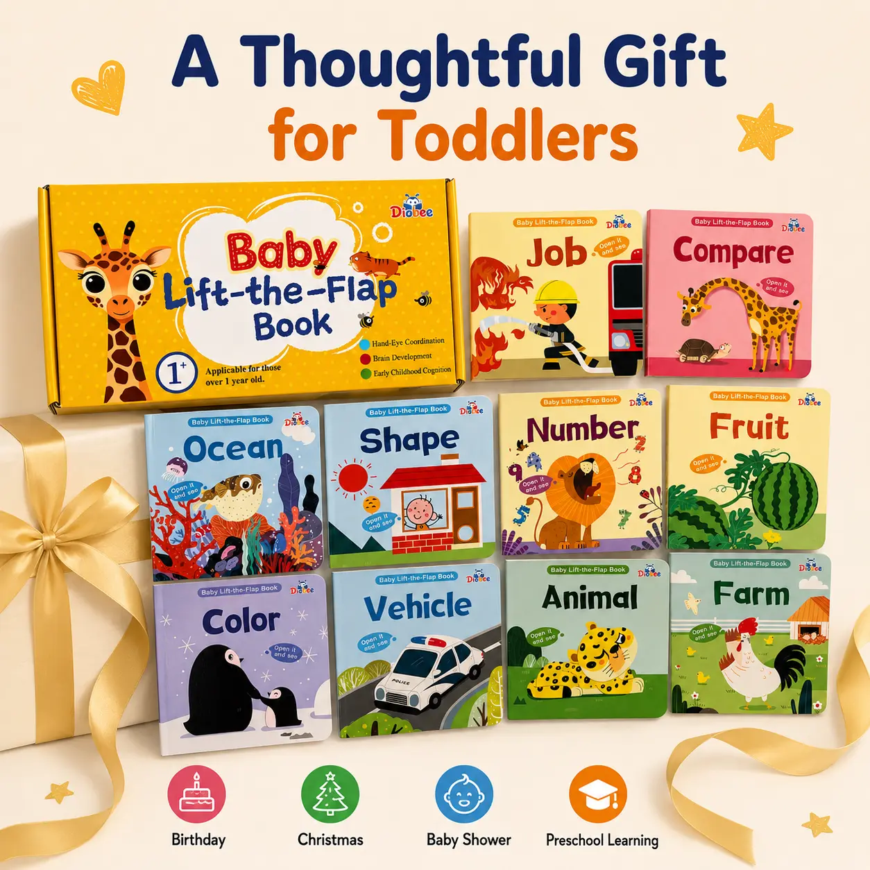 Diobee Peek & Learn Lift-the-Flap Board Book Set – 10-Piece Interactive Toddler Book Collection, Baby books, Early Learning Series for Ages 1+, First Words, Numbers, Colors, Animals & More