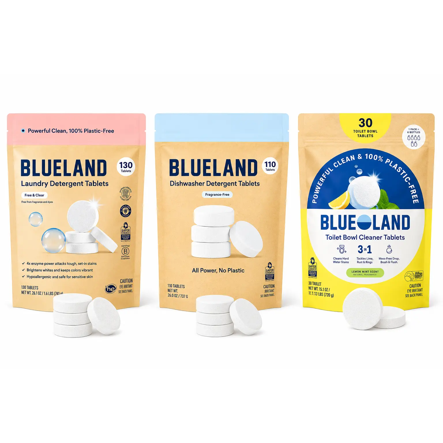 Blueland Plastic-Free Cleaning Tablets – Laundry Detergent Tablets (130 Count), Dishwasher Detergent Tablets (110 Count) or Toilet Bowl Cleaner Tablets (30 Count) | Choose Your Formula