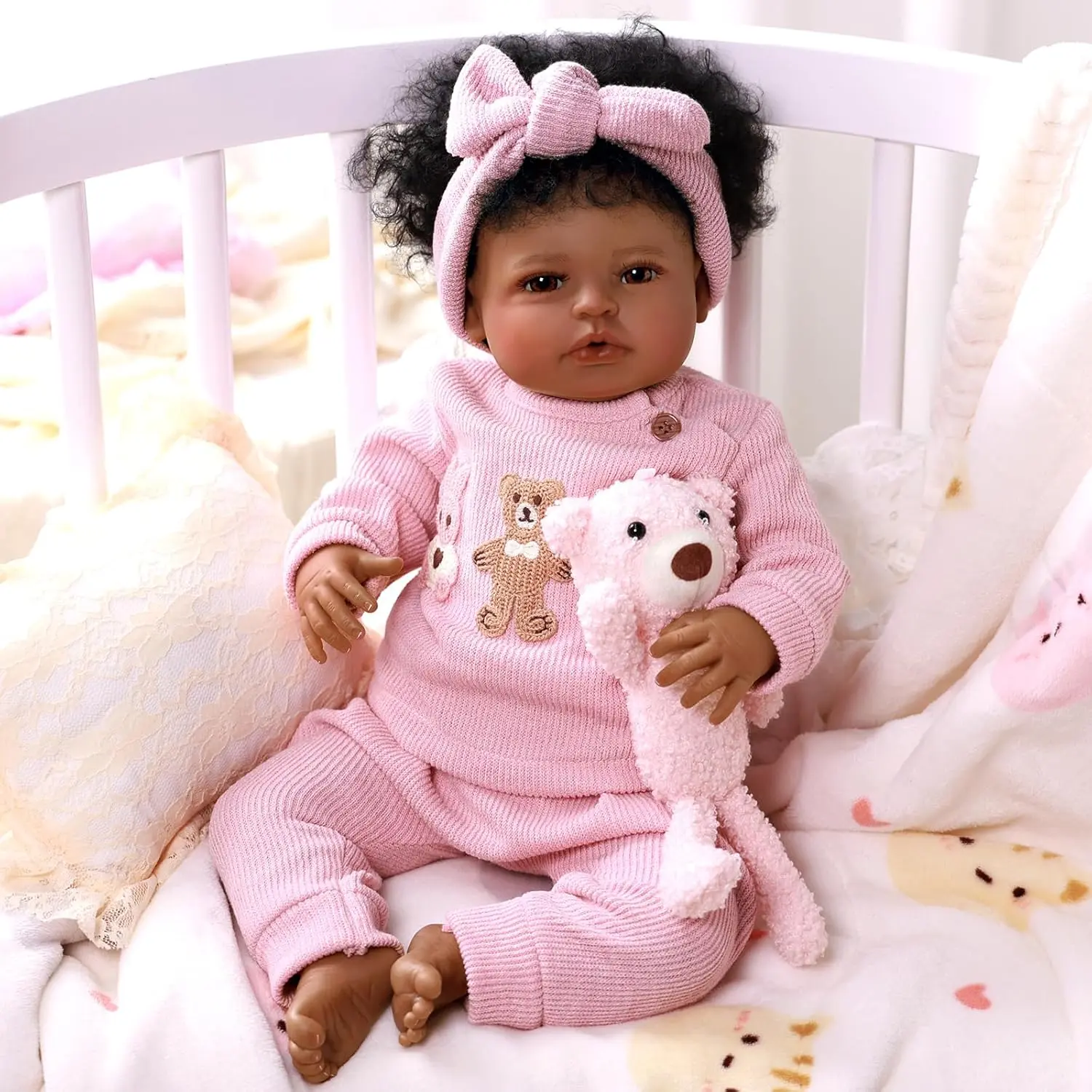 #Summervibes#DealsForYouDays BABESIDE 20" Reborn Doll 8 Piece Set with Cloth Body & Vinyl Dark Skin Includes Gift Box Feeding Accessories Perfect for Christmas New Year Birthday Gift