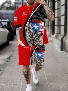 Men's Puerto Rico Flag Frog Print Two-Piece Set, Casual Summer Tropical Beachwear, Daily Wear & Vacation, Fitted Menswear Short Sleeve Top and Track Shorts