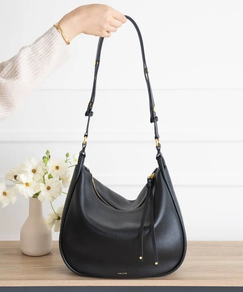 Genuine Leather Hobo Bag Purse - Black - Crossbody or Shoulder Carry- High Quality, Durable, Minimal and Modern (USA Seller) AA1-001-01-FAX