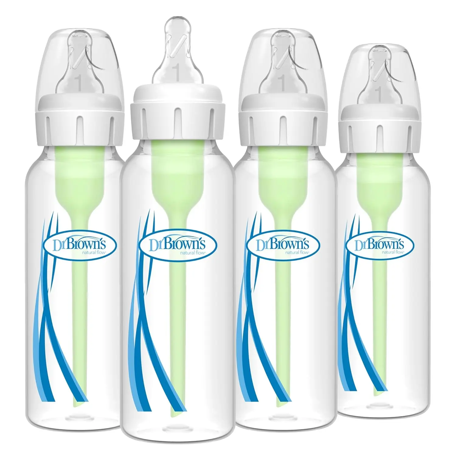 Natural Flow Anti-Colic Options+ Narrow Baby Bottle, 8 oz/250 mL, with Level 1 Slow Flow Nipples, 0m+, 4 Pack