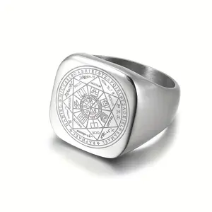 Seven Angels Amulet Solomon Ring Men's Stainless Steel Amulet Religious Ring Jewelry, Vintage Punk Square Finger Ring