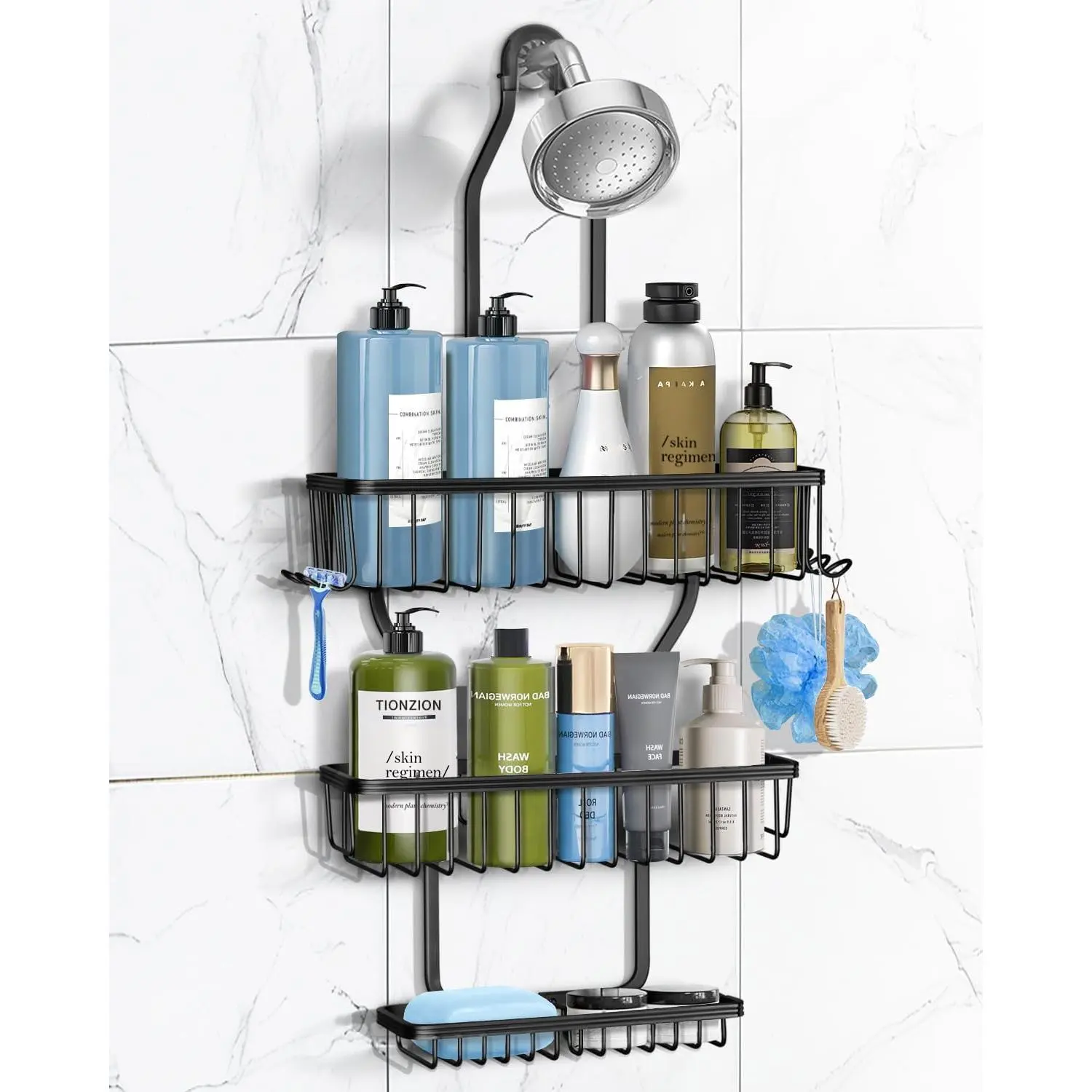 Shower  Hanging - Never Rust Shower Hanging Organizer - Aluminum Over the ShowerHead  with Soap Basket and 6 Hooks for Razor/Sponge (Black)