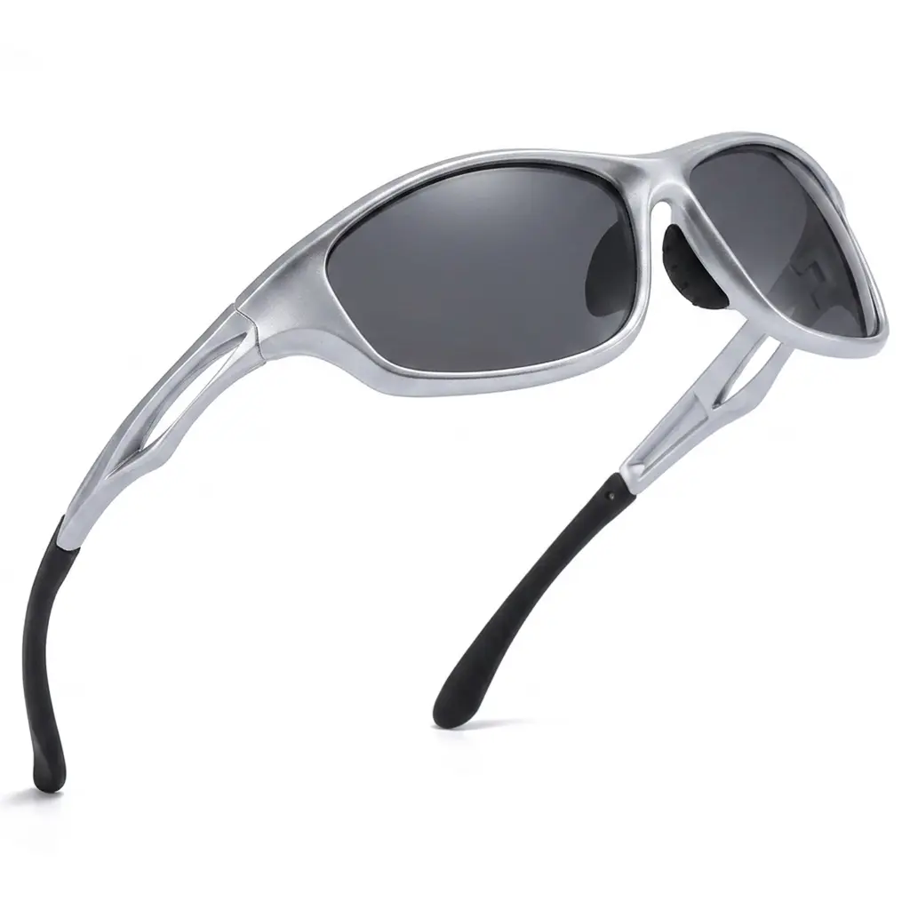 Futuristic Hollow Cutout Sport Wrap Sunglasses Matte Silver Frame Polarized Dark Gray Lens Running Driving Sunnies