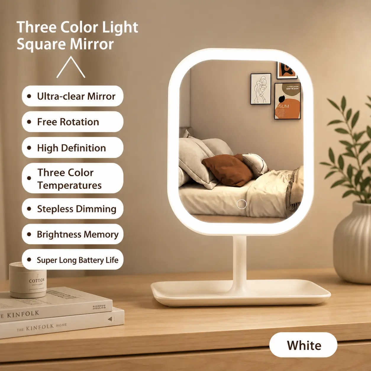 Rechargeable LED Vanity Mirror with 3 Color Lighting, Stepless Dimming, Brightness Memory, 360° Rotatable Design, Portable Rotating LED Lights Handheld Mirror for Travel, Rotating Led Lights Handheld Mirrors